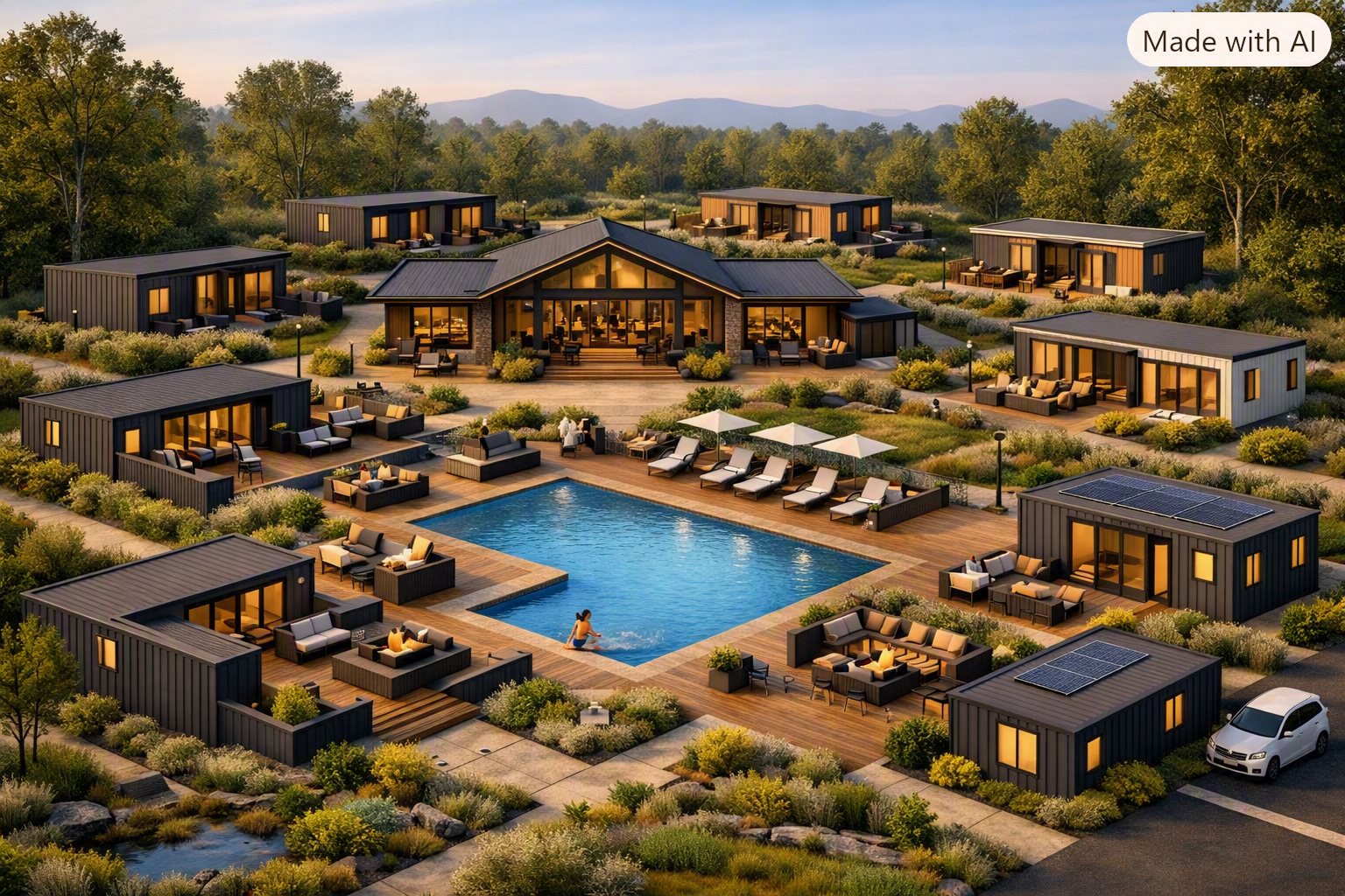 Aerial view of a community: private homes arranged around a central common house, pool and terraces