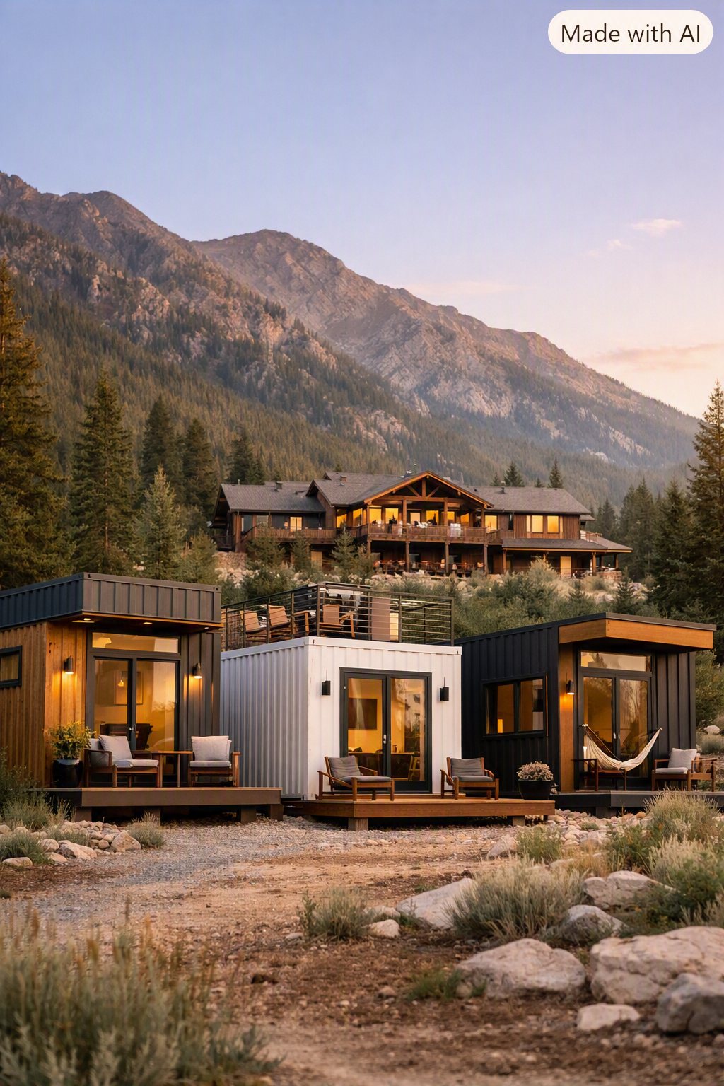 Container homes on a mountain site at dusk with a lodge above