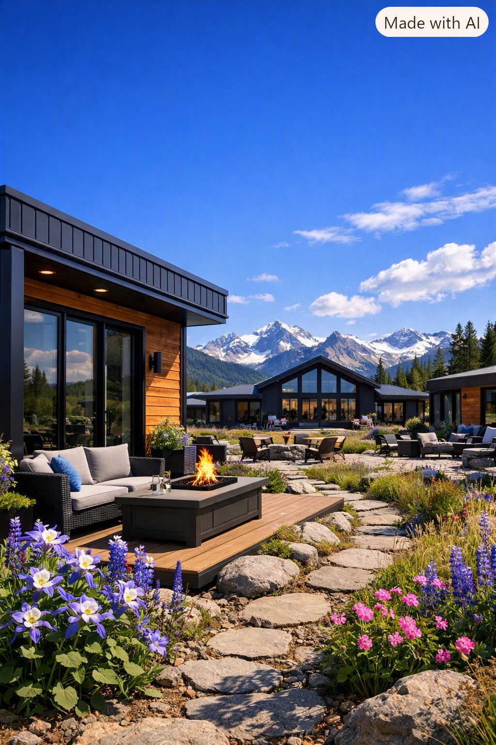 A private deck with a fire table looking out to snow capped mountains and wildflowers