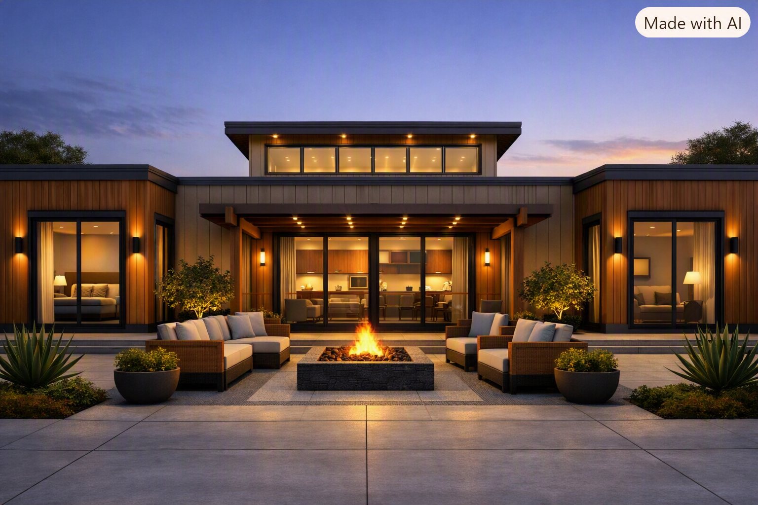 Exterior at dusk showing warm wood cladding, deep overhangs, glazing and a stone fire pit