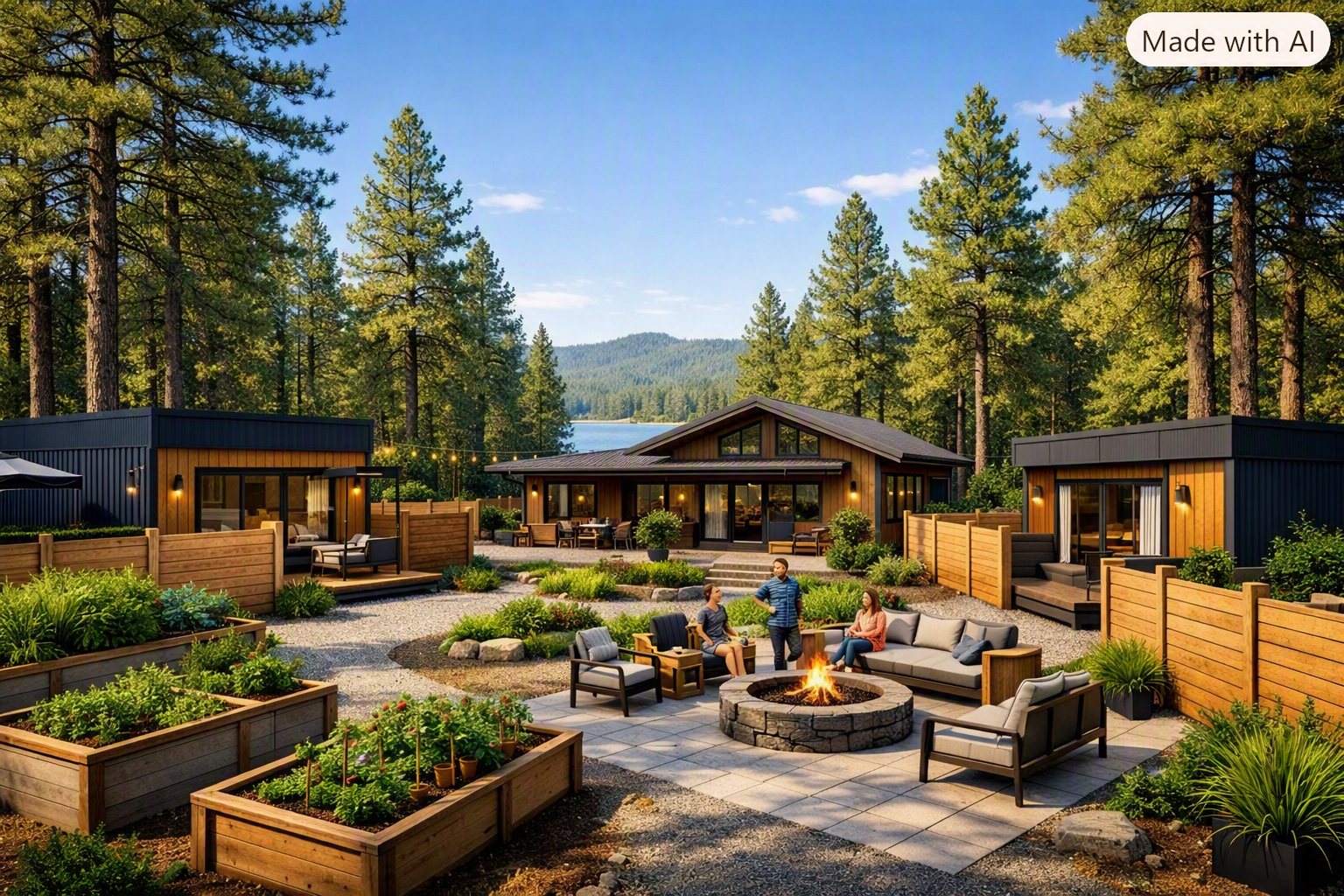 Residents talking around a fire pit outside the common house, with raised garden beds in the foreground