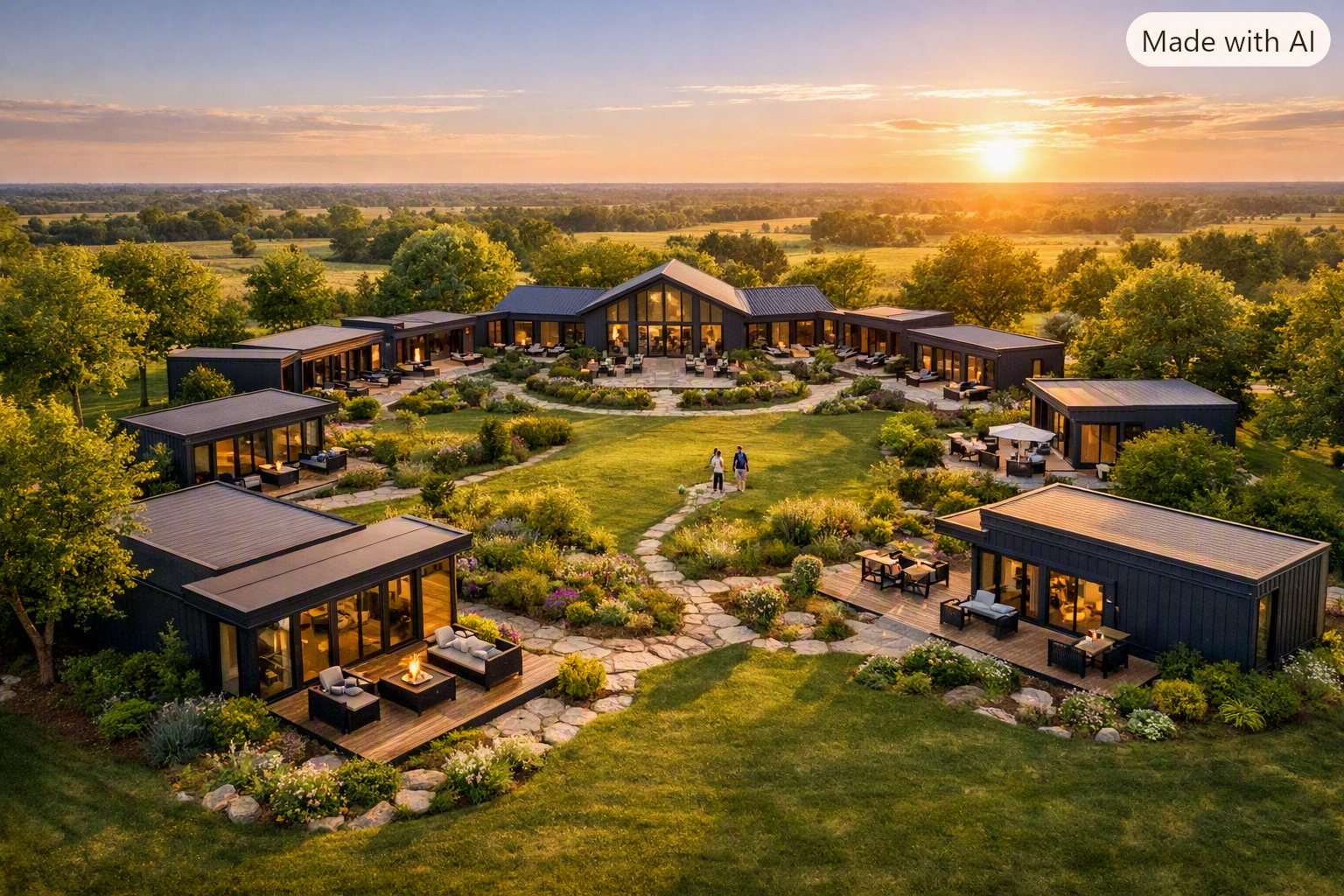 Aerial view of homes arranged around the common house on open prairie