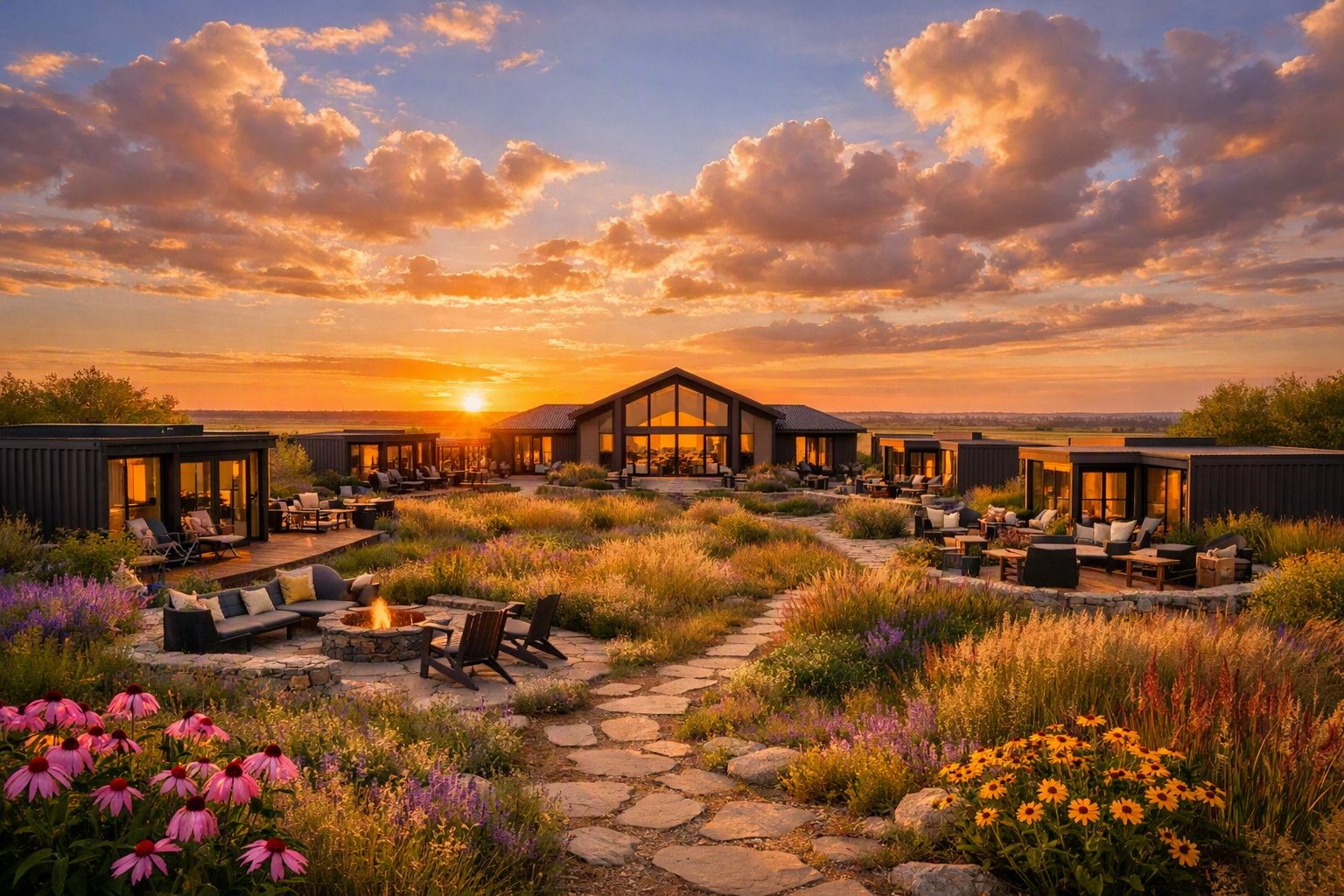 The Kansas common house at sunset surrounded by prairie planting