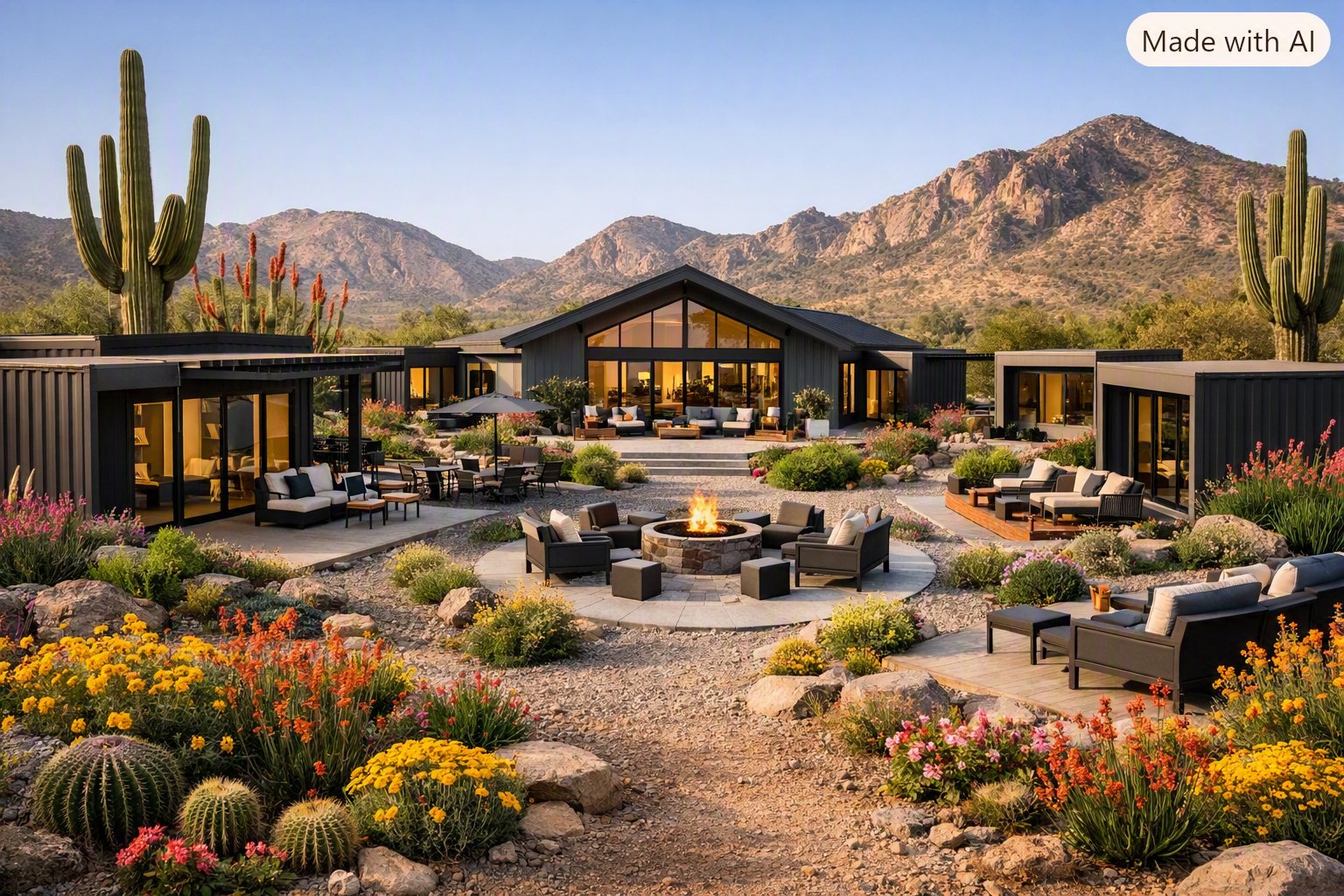 The Phoenix common house at golden hour with desert planting and a fire pit