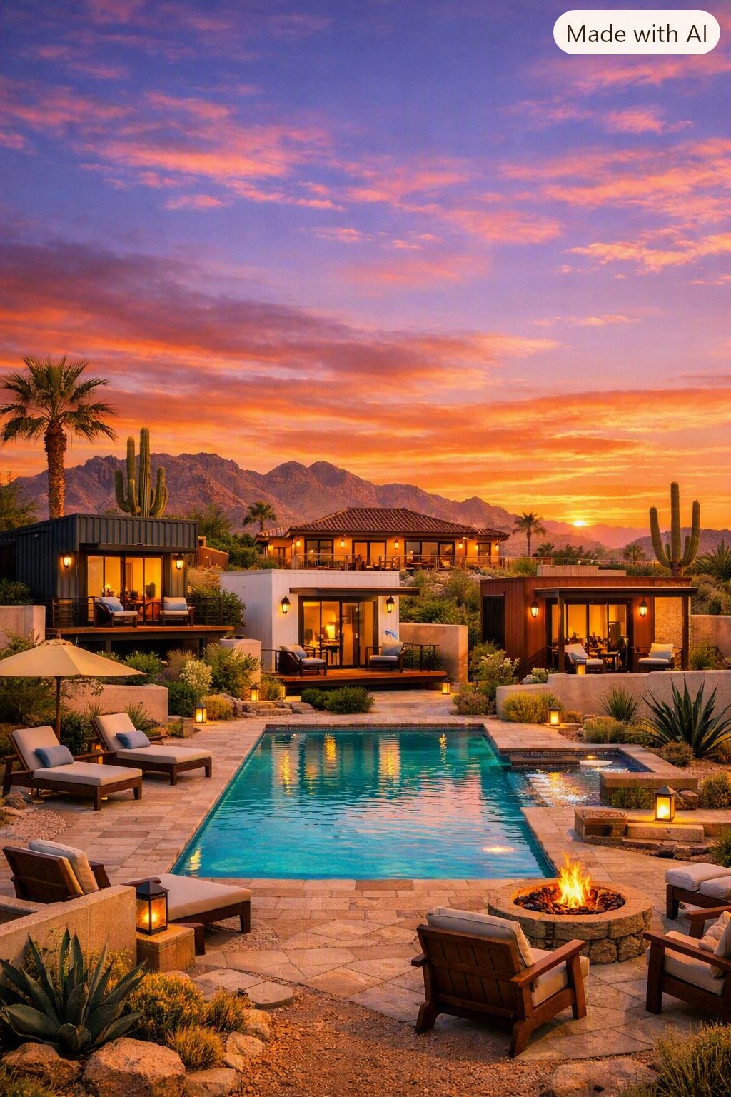 Pool and terrace at sunset with desert planting and container homes beyond